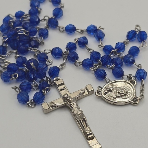 Catholic Rosary Plastic Blue Facet Beads Silver Tone Cross - Picture 7 of 8